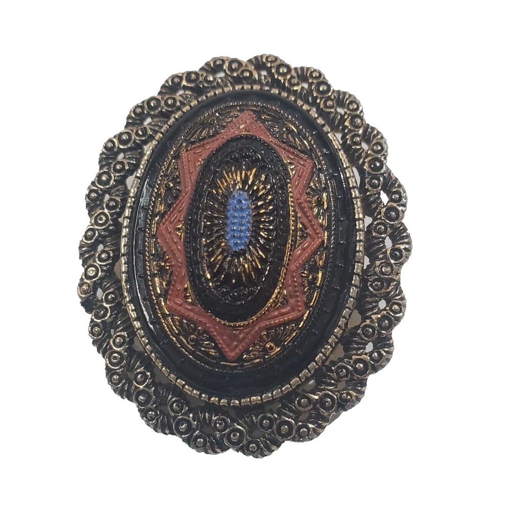 Vtg Sarah Coventry Textured Gold Tone and Enamel Old Vienna Brooch Pin Pendant
